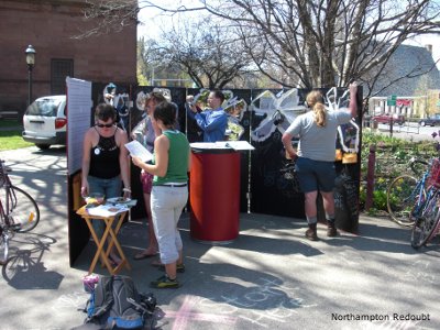 The artist Dani Slabaugh (left) and her work