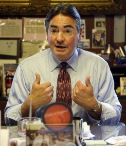 In this Thursday, June 5, 2014 photo Springfield Mayor Domenic Sarno sits behind his city hall desk reiterating the position he has taken with the United States State Department against accepting any more resettled refugees in Springfield. Mass. (AP Photo/Stephan Savoia) - Stephan Savoia | AP