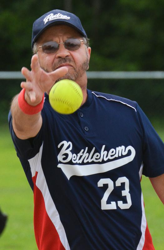 JERREY ROBERTS Don Garden, who plays for the Western Mass Relics Silver league, warms up his pitching arm before a game. - JERREY ROBERTS | DAILY HAMPSHIRE GAZETTE
