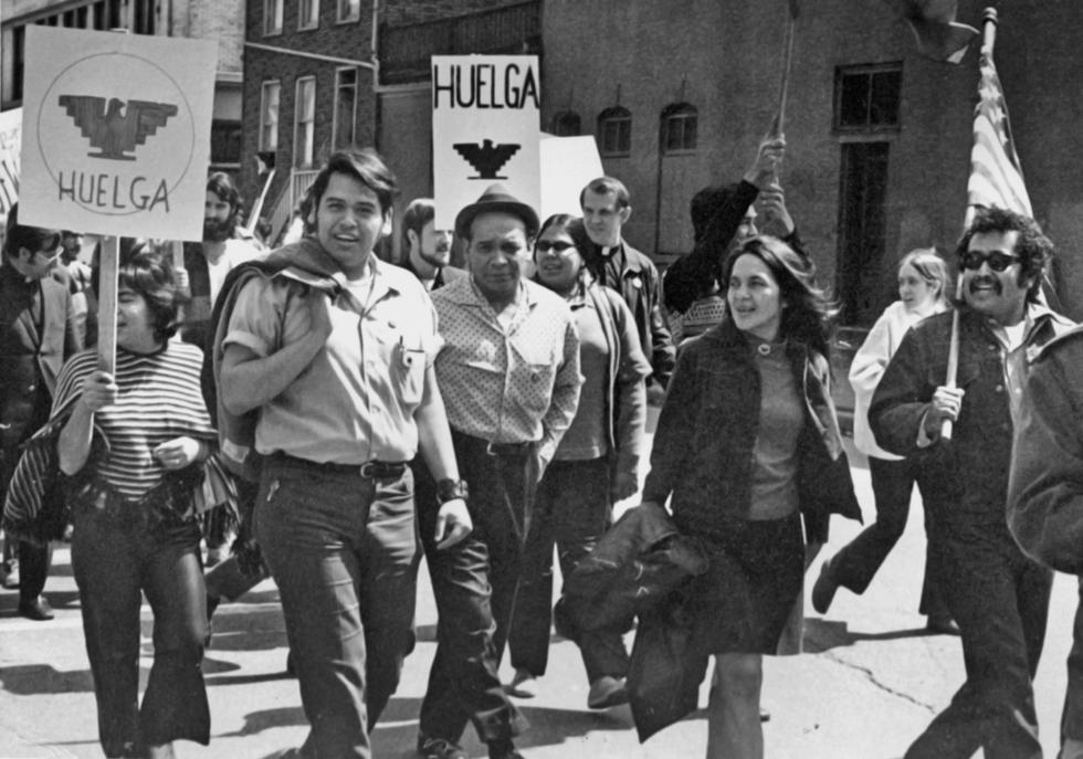 Eliseo Medina, left and Dolores Huerta at a 1971 march in Chicago. family photo - Medina Family Photo | Medina Family Photo
