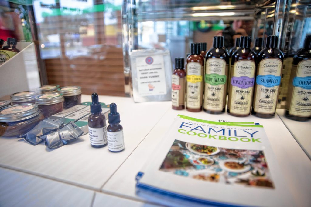 Gazette Staff/Andrew Whitaker—Andrew J. Whitaker/Gazette StaffVaries oils, washes, shampoos and a cookbook all made or use CBD, a compound in cannabis, are shown Wednesday, August 11, at Potco at 522 Sumner in Springfield.