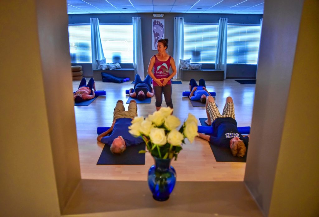 Melt instructor Kerrie Bodendorf gives out instructions during one of her class sessions at The Pilates Studio Wednesday, July 13, 2016 in Agawam. The Melt Method is a self treatment using soft balls and a soft roll to bring balance and hydration back to bodies.