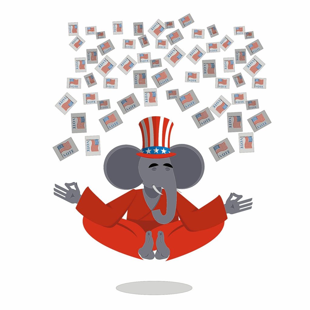 kristin palpiniRepublican Elephant hat Uncle Sam meditating votes in elections. Cheerful polytypical illustration. Symbol of political parties in America. Animals yoga