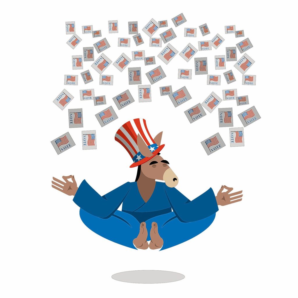 kristin palpiniDemocrat Donkey hat Uncle Sam meditating votes in elections. Cheerful polytypical illustration. Symbol of political parties in America. Animals yoga