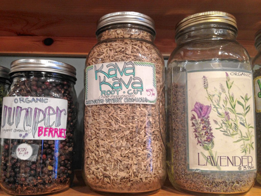A jar of cut kava root at Acadia Herbals in Northampton.