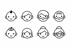 People ages icons, male and female, from young to old. Cute and simple line con set.