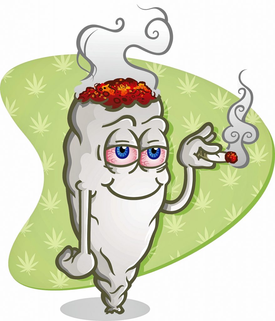A cartoon joint smoking marijuana, getting high and grinning happily