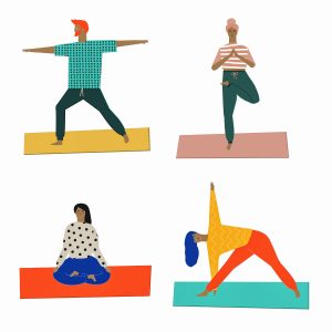 People doing yoga and meditation poster. Yoga class illustration in vector. Yoga poses. Healthy life style. Group of people doing yoga workout at yoga studio. Flat cut out style illustration.