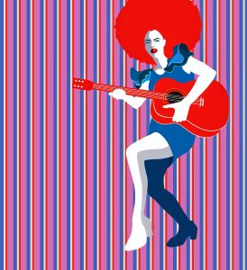 Young beautiful woman playing guitar, retro vintage vector illustration