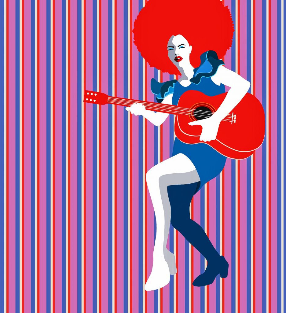Young beautiful woman playing guitar, retro vintage vector illustration