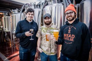 From left: Shire Breu-Hous owner/brewer Andrew Crane, brewer Mark Geibel, and owner/brewer Nick Whalen. Photo by Nick Whalen.