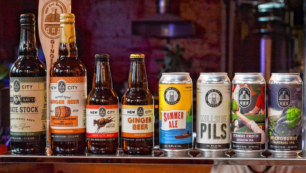 Beers available in bottles and cans at New City Brewery in Easthampton, Tuesday, May 28, 2019.
