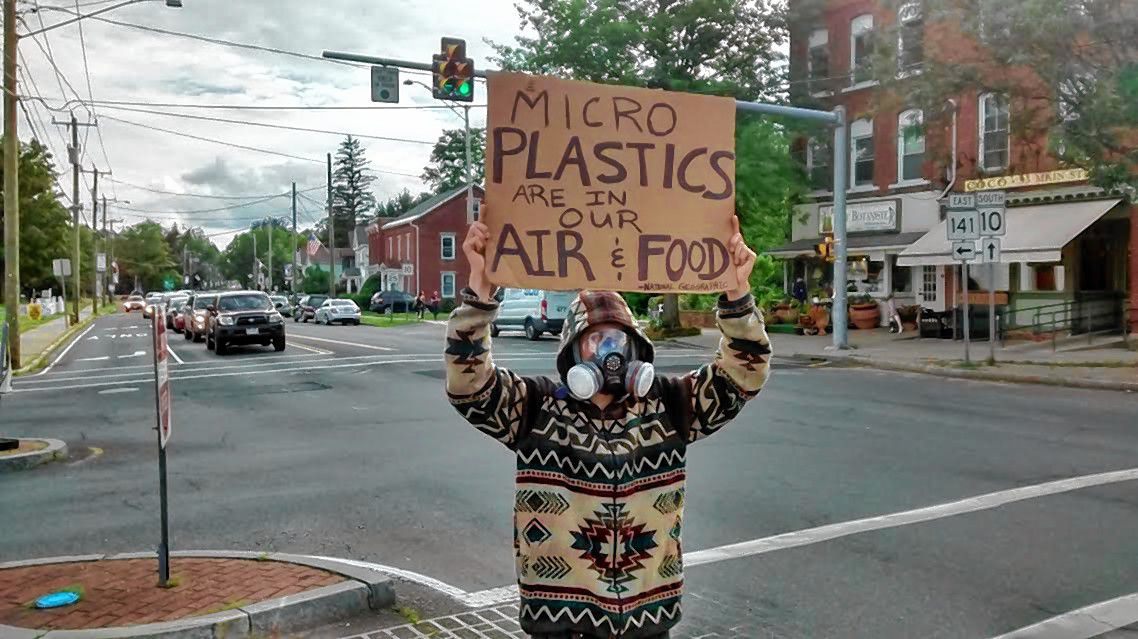 Microplastics inspire one-man protest (with gas mask) in Easthampton