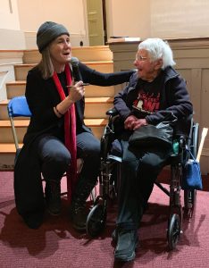 Amy Goodman, left, who is the host of "Democracy Now!", interviews Northampton activist Frances Crowe, March 21, at John M. Greene Hall.