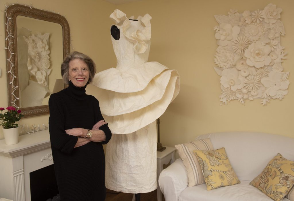 Marguerite Belkin at her home in Easthampton where she creates her art work made from paper. The pieces for the show, called Phenomenal Women, were all inspired by pioneering women who were as Belkin describes them tough or tenacious in their fields. The show will be at Click on Market street in Northampton from Oct 7 2019 to Jan 3 2020.  Inspired by Zaha Hadid, called Queen of the Curve.