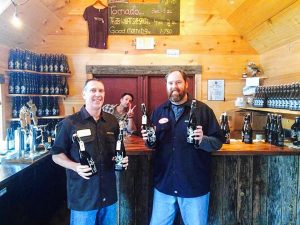 Rob Vandenabeele (left) and Bob Kelley at Tree House Brewing’s shed brewery in Monson.