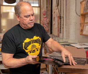 Byron Coley, who owns  Feeding Tube Records with  Ted Lee, at their record label office in Florence.