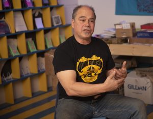 Byron Coley, who owns  Feeding Tube Records with  Ted Lee, at their record label office in Florence.