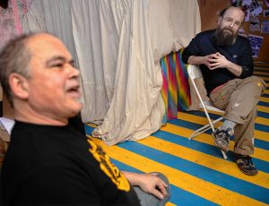 Byron Coley and Ted Lee, owner of Feeding Tube Records at their record label office in Florence.