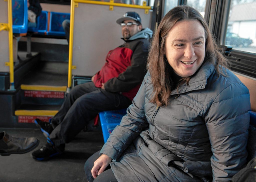 Lindsay Sabadosa during office hours on the PVTA bus on November 25, 2019.