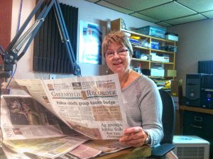 Volunteer Jeanne DelMonte reads the Greenfield Recorder each week on Valley Eye Radio.