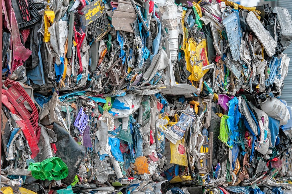Bales of rigid plastics stacked at the Springfield Materials Recycling Facility on Tuesday, Feb. 4, 2020.