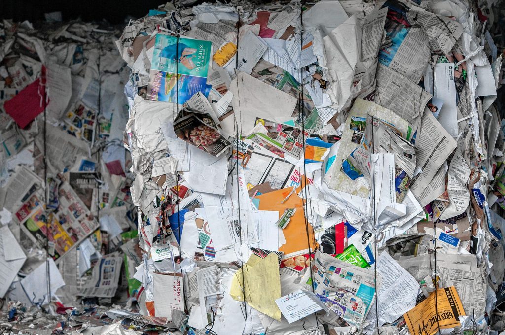 Bales of paper stacked at the Springfield Materials Recycling Facility on Tuesday, Feb. 4, 2020.