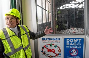 Arlene Miller, vice chair of the Springfield Materials Recycling Facility Advisory board, talks about plastics from the observation deck of the MRF on Tuesday, Feb. 4, 2020.