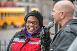 Cancer Connection Director Beverly Herbert is interviewed by Monte Belmonte on WRSI-FM during the “Cancer Camp Out” fundraiser in February on the Hampshire County Courthouse lawn.