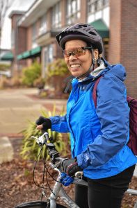 Andrea Hairston, who teaches writing at Smith College, near Chestnut Street in Florence. She uses a bicycle year-round for transportation. “I love the independence of getting around on a bike,” she says.