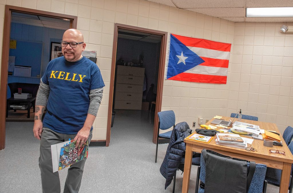 Luis Soria is the principal of Dr. Marcella R. Kelly School in Holyoke. Each day since schools have closed he posts a video of himself reading a book aloud. Photographed on Wednesday, March 25, 2020.