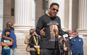 Bishop Talbert Swan, pastor of Spring of Hope Church of God in Christ, in Springfield, addresses about 200 people gathered in front of Springfield City Hall for the painting of a "Black Lives Matter" mural onto Court Street on Saturday, Sept. 12, 2020.