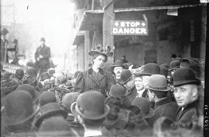 Maude Malone, February 19,1908, labor union activist, NYC, leads first US march in support of woman suffrage. From Bain News Service Collection, Library of Congress