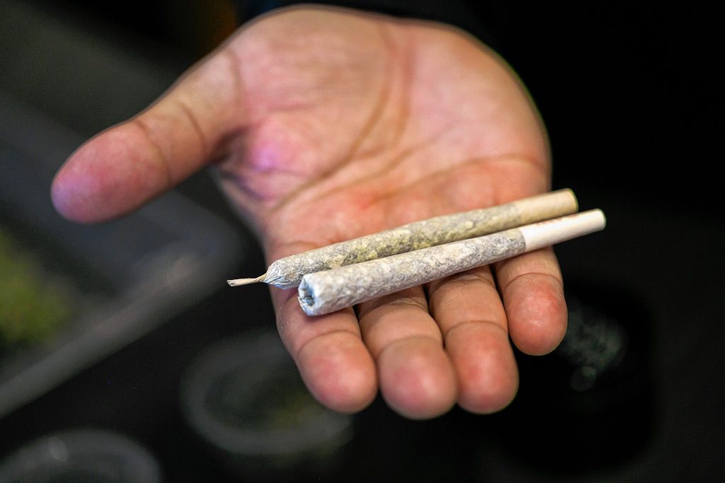 Turning Leaf Centers team leader Steven Robles holds a handrolled joint and a prerolled cone joint during a demonstration at the Northampton dispensary on April 18.