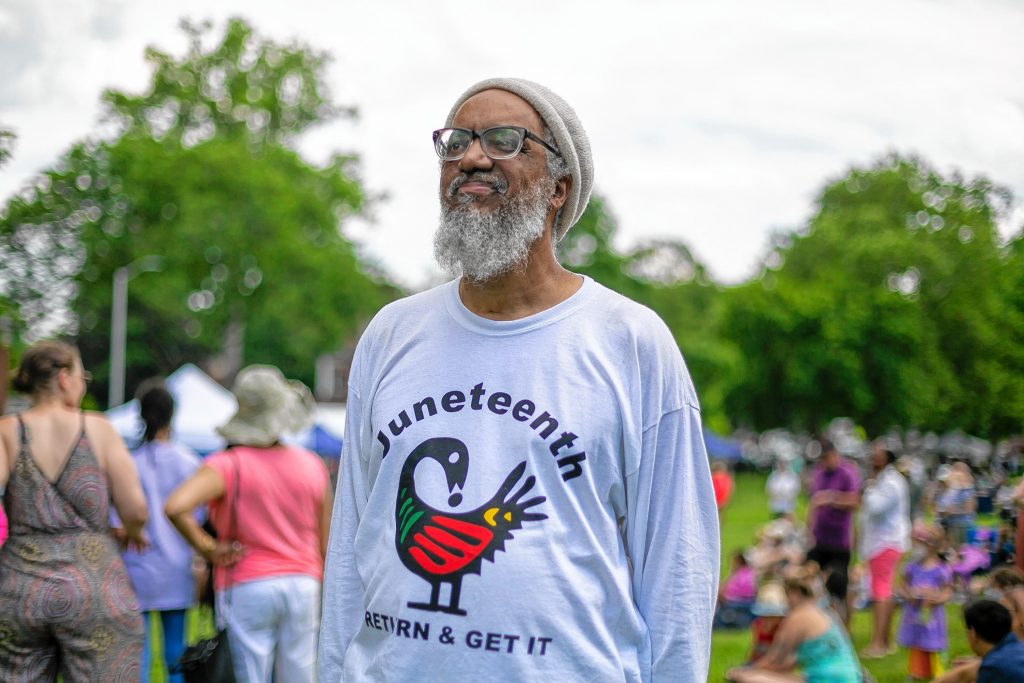 Dr. Amilcar Shabazz, Professor at the W.E.B. DuBois Department of African American Studies at UMASS Amherst, commemorates Juneteenth during a Community Jubilee Celebration in the Amherst Town common, Saturday in Amherst, MA.