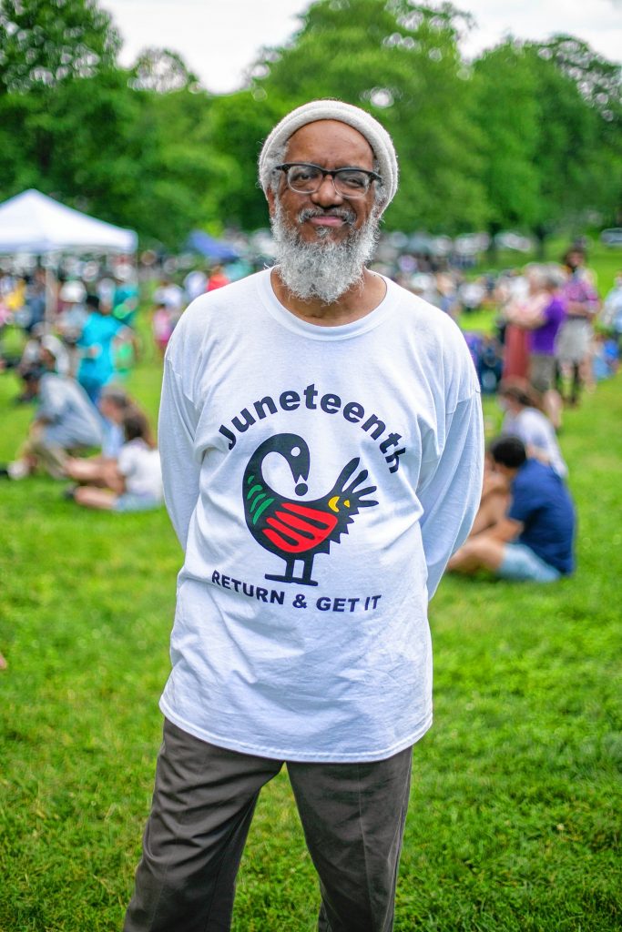 Dr. Amilcar Shabazz, Professor at the W.E.B. DuBois Department of African American Studies at UMASS Amherst, commemorates Juneteenth during a Community Jubilee Celebration in the Amherst Town common, Saturday in Amherst, MA.