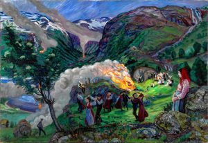 “Midsummer Eve Bonfire,” 1917 print by Nikolai Astrup.