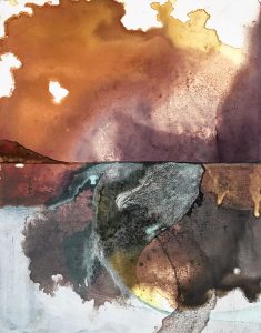  “Shifting Landscape (Natural Scape 5),” natural pigment painting on natural, handmade ink monotype by Marjorie Morgan.