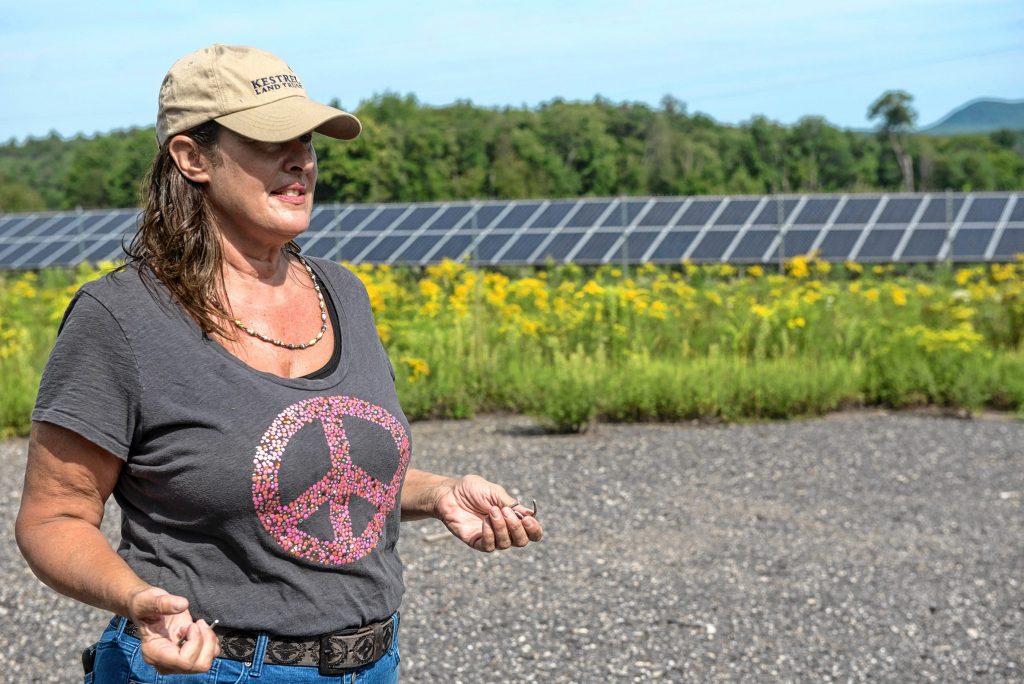 W.D. Cowls, Inc. President Cinda Jones leads a tour of an approximately 30-acre solar farm north of Pulpit Hill Road in Amherst on Monday, Aug. 16, 2021.