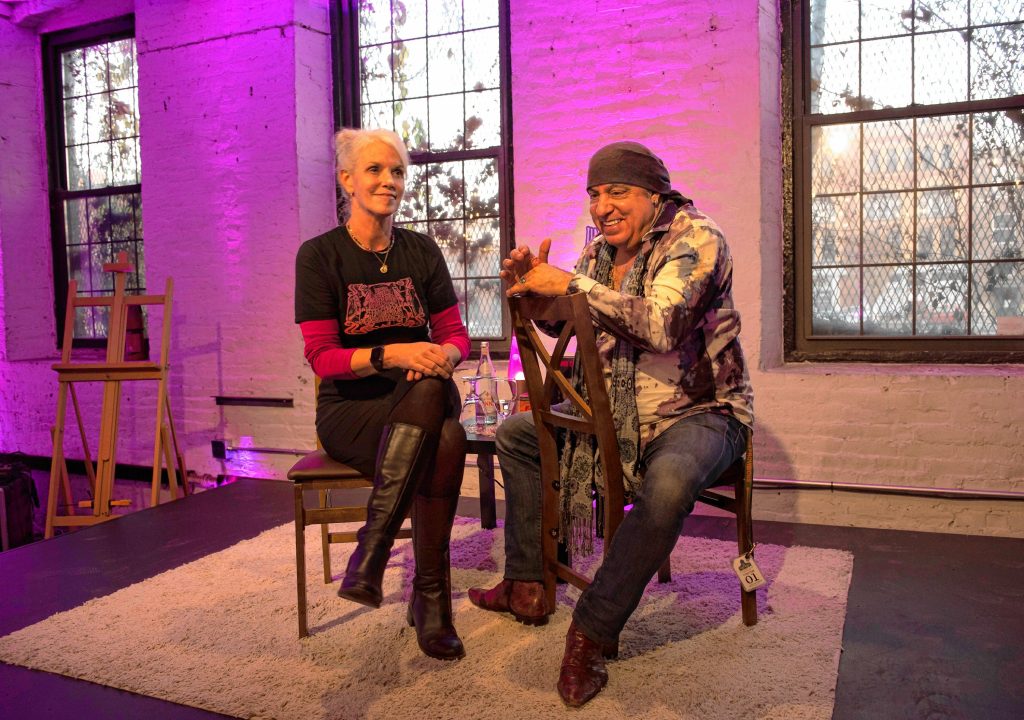 Steven Van Zandt sits with Meg Sanders, CEO of Canna Provisions, to talk Van Zandt’s new cannabis product being sold at Canna Provisions in Holyoke.