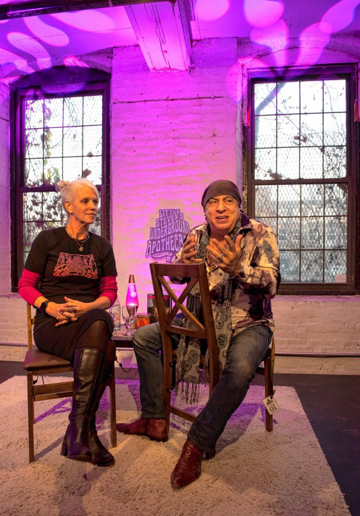 Steven Van Zandt sits with Meg Sanders, CEO of Canna Provisions, to talk about Van Zandt’s new cannabis product being sold at Canna Provisions in Holyoke.