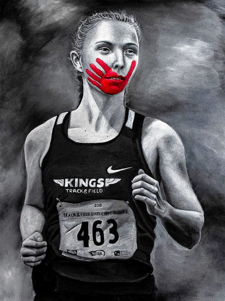 “Rosalie in RED,” LaFond’s portrait of Native American college runner Rosalie Fish, who she says was one of the first people to bring wider public notice to the MMIW movement, by racing with her face painted in red. 
