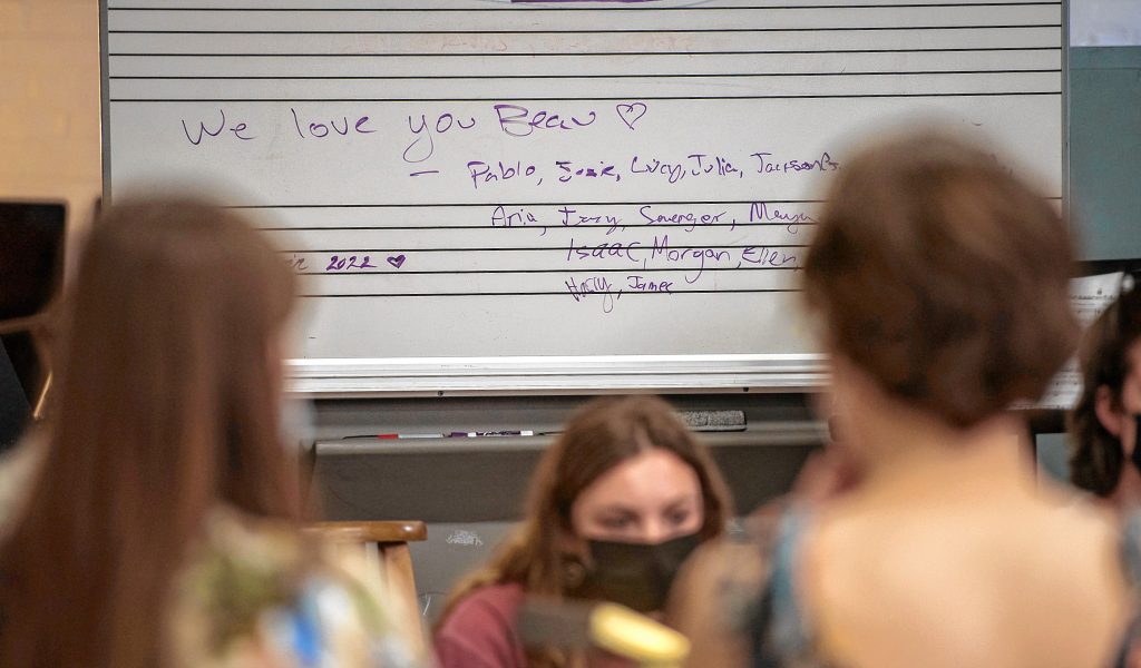 A message to Northampton High School fine and performing arts teacher Beau Flahive, soon to retire, graces a whiteboard in the school’s Little Theatre. “So caring and compassionate” is how senior Lucy Bernhard describes her.