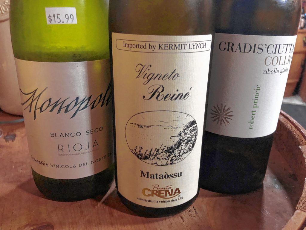 Two of the three white wines described in this column that  will assuredly help break you out of a white wine rut without breaking the bank. At left is a wine called Vira, grown in a town called Haro in Northern Italy, that goes for $15.99. At right is a “unicorn” wine called Mataòssu,  grown on the Ligurian coast of Italy. It goes for $24.99.