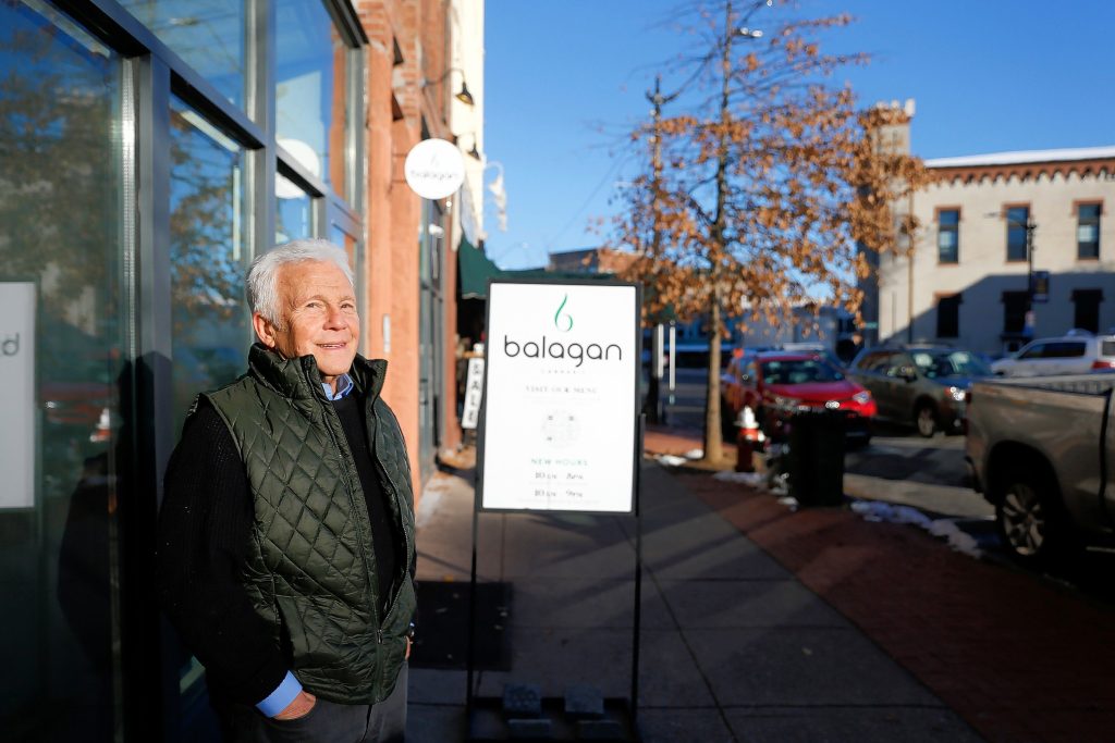 Local attorney and legal marijuana expert Dick Evans outside of Balagan Cannabis on Main Street in Northampton.