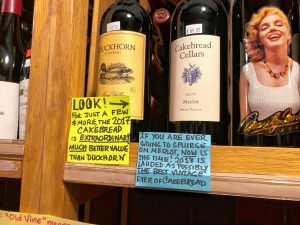 Sharon Swihart at Four Seasons Wine and Spirits on Route 9 in Hadley writes her own self talkers to help direct customers to “Spend less, drink better.”