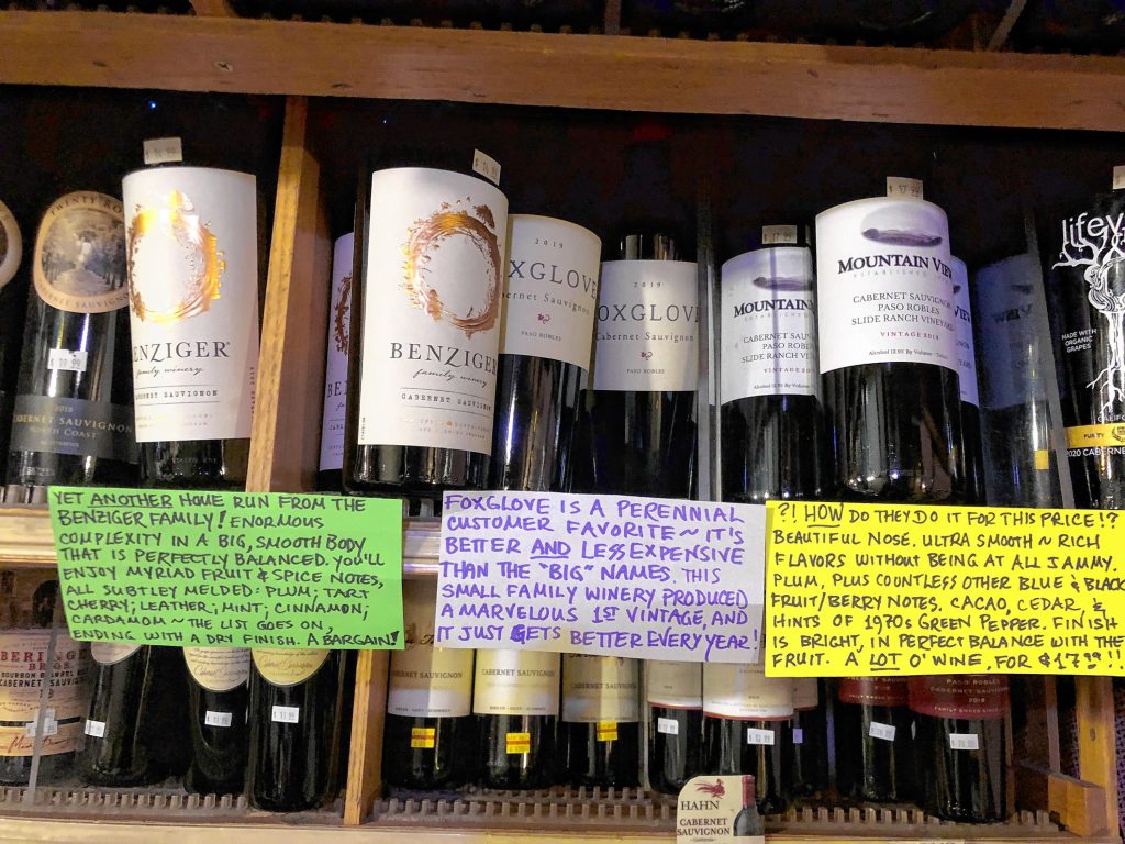 Sharon Swihart at Four Seasons Wine and Spirits on Route 9 in Hadley writes her own self talkers to help direct customers to “Spend less, drink better.”